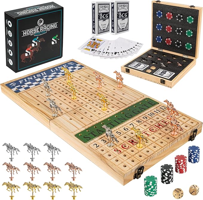 Horse Racing Board Game - 23x12 - Derby Classic Horse Race Game with 11 Metal Horses - Foldable Wood Horse Game with Dice Premium Chips &amp 2 Packs of Cards - Natural Wood