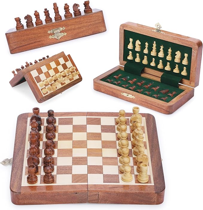 Ajuny Magnetic Travel Chess Set - Handcrafted Acacia Wood Foldable Board with Elegant Storage for All Ages