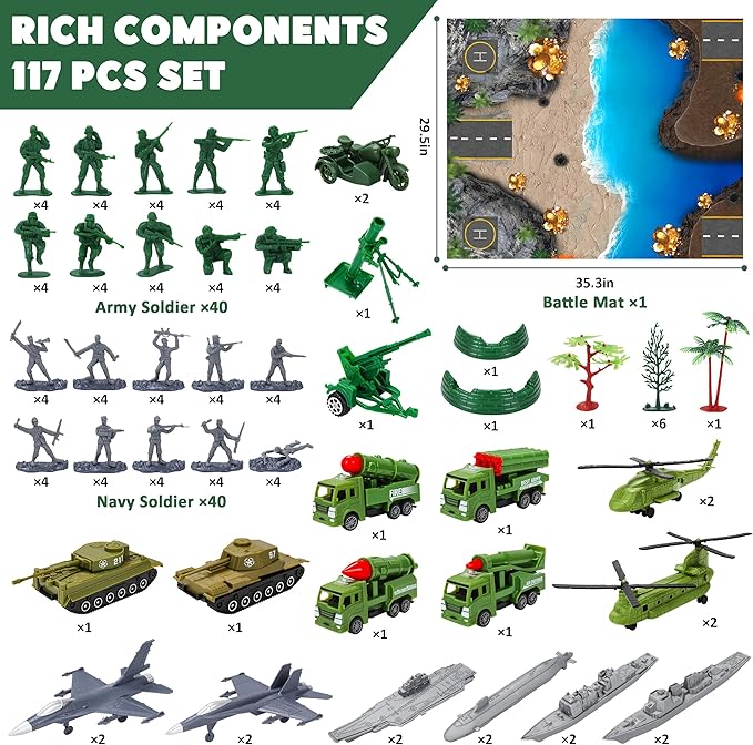 Army Men Playset – 117 Pcs Military Toy Soldiers Set with Action Figures Battle Mat Tanks Helicopter Submarine &amp Weapon Gear – Army Toys for Boys Ages 4-12 Great Gift for Kids