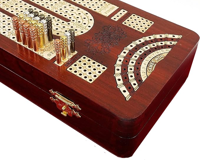 14 4 Track Continuous Cribbage Board W/ Card Storage Maple Tracks on Bloodwood - Corner Skunk &amp Games Won