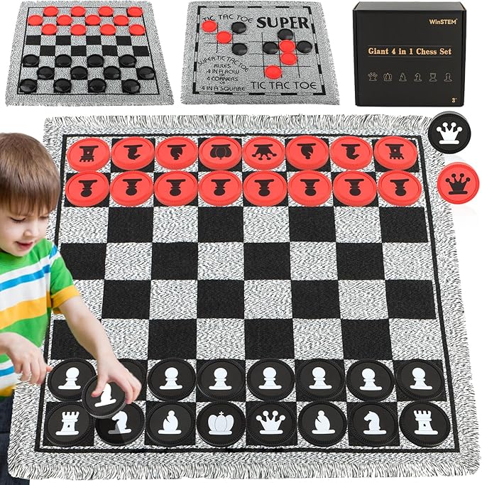 Giant 4 in 1 Chess SetJumbo Chess &amp Giant Checkers &amp Large Tic Tac Toe Giant Chess Board Game for Kids AdultsIncluding 2 Extra QueenLarge Checkers Rug Game Mat Indoor Outdoor Games Campin