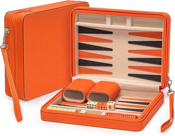 Yellow Mountain Imports Travel Size Backgammon Mini Game Set Alanya - Magnetic Checkers and 9-inch Board in Sleek Leatherette Case - Classic Strategy Board Game