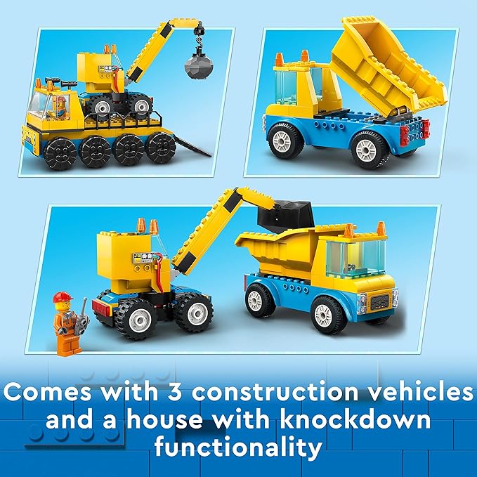 Lego 60391 City Camiones de Construcción y Grúa con Bola de Demolición Excavadora de Juguete Camión Basculante y Vehículos de Transporte Set de Aprendizaje para Niños y Niñas a Partir de 4 Años