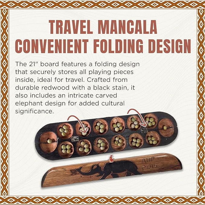 Africa Heartwood Project African Oware Mancala Board - Extended Size Hand-Carved Solid Wood with Elephant Design Wooden Folding Mancala 21 Board 48 Grey Green Tear Seeds and Playing Instructions