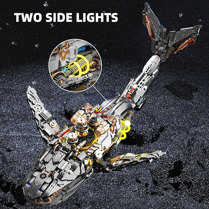 1388-PCS Mechanical Whale Building Blocks Set with LED Light Movable Linkage Gears Display Stand - Ocean Building Blocks for Adults Teens Kids Age 12+