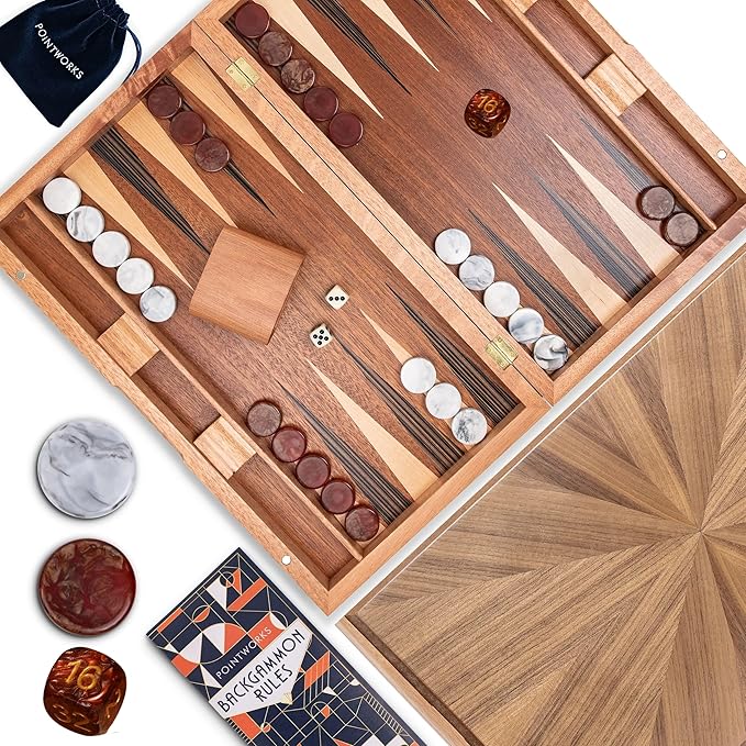 17 Inch Backgammon Sets for Adults. Beautiful Wood Inlaid Backgammon Board Game Set with Unique Checkers &amp Dice. Large Back Gammon Game Sets Travel Size for 2 Players Nardi or Tavla
