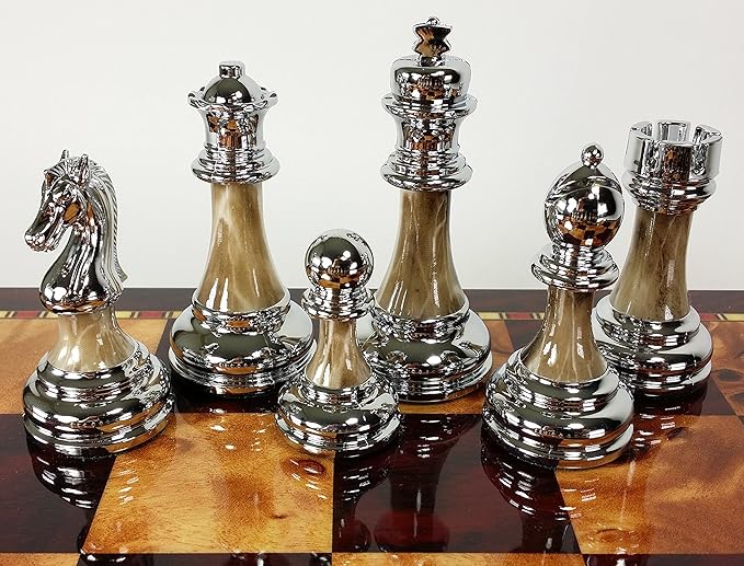 Staunton Chrome &amp Black Chrome Chess Men Set W 18 Gloss Cherry Color Board