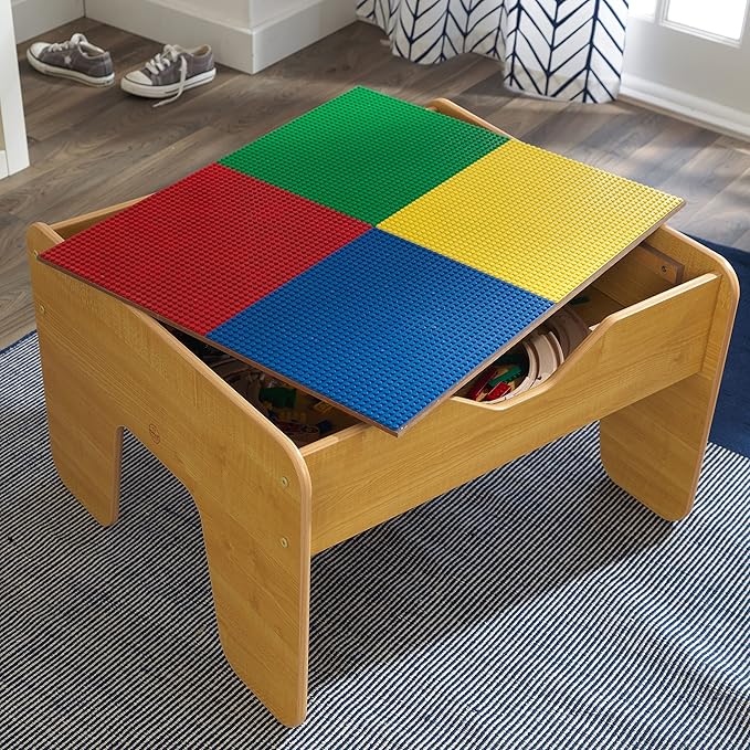 KidKraft 2-in-1 Reversible Top Activity Table with 200 Building Bricks and 30-Piece Wooden Train Set Natural Gift for Ages 3+