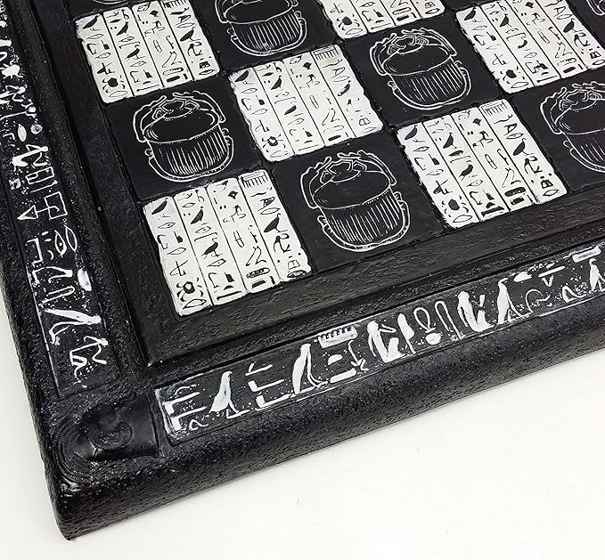 16 Black and White Egyptian Hieroglyphic Chess Board