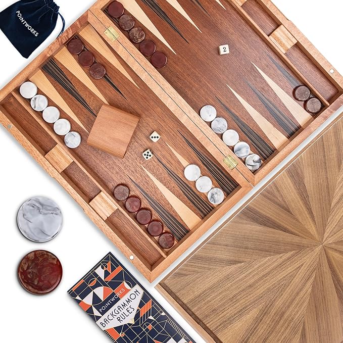 17 Inch Backgammon Sets for Adults. Beautiful Wood Inlaid Backgammon Board Game Set with Unique Checkers &amp Dice. Large Back Gammon Game Sets Travel Size for 2 Players Nardi or Tavla