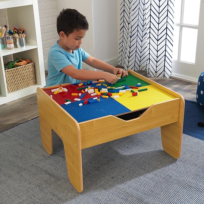 KidKraft 2-in-1 Reversible Top Activity Table with 200 Building Bricks and 30-Piece Wooden Train Set Natural Gift for Ages 3+