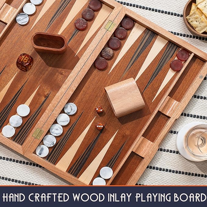 17 Inch Backgammon Sets for Adults. Beautiful Wood Inlaid Backgammon Board Game Set with Unique Checkers &amp Dice. Large Back Gammon Game Sets Travel Size for 2 Players Nardi or Tavla