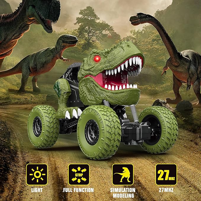 Remote Control Dinosaur Car for Kids Boys 2.4Ghz All Terrain Remote Control Dinosaur Truck with Light Rechargeable 4WD Off Road RC Car Toys for Kids 3 4 5 6 7 8-12 Year Old Boys Girls Birthday Gift