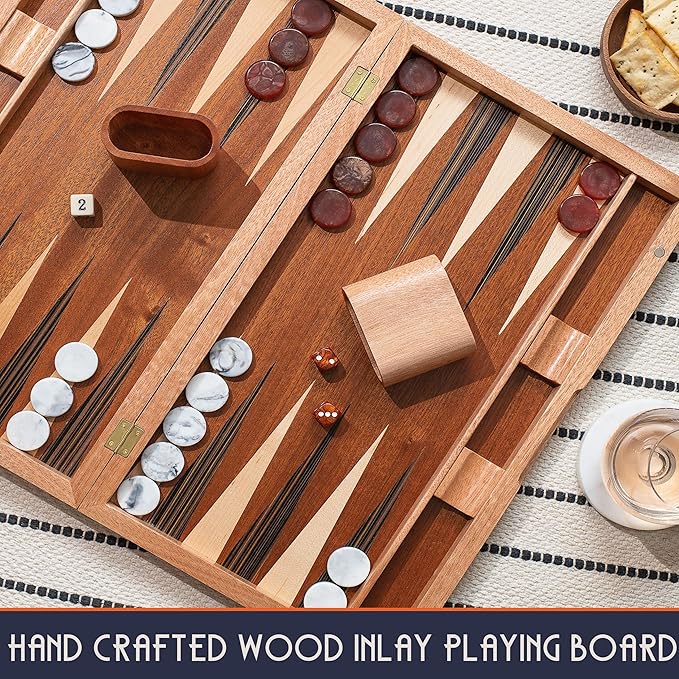 17 Inch Backgammon Sets for Adults. Beautiful Wood Inlaid Backgammon Board Game Set with Unique Checkers &amp Dice. Large Back Gammon Game Sets Travel Size for 2 Players Nardi or Tavla