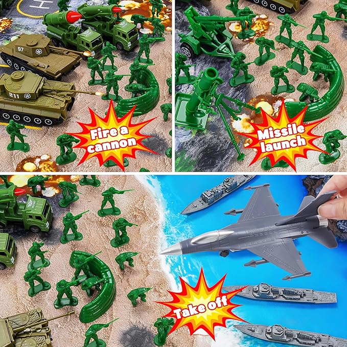Army Men Playset – 117 Pcs Military Toy Soldiers Set with Action Figures Battle Mat Tanks Helicopter Submarine &amp Weapon Gear – Army Toys for Boys Ages 4-12 Great Gift for Kids