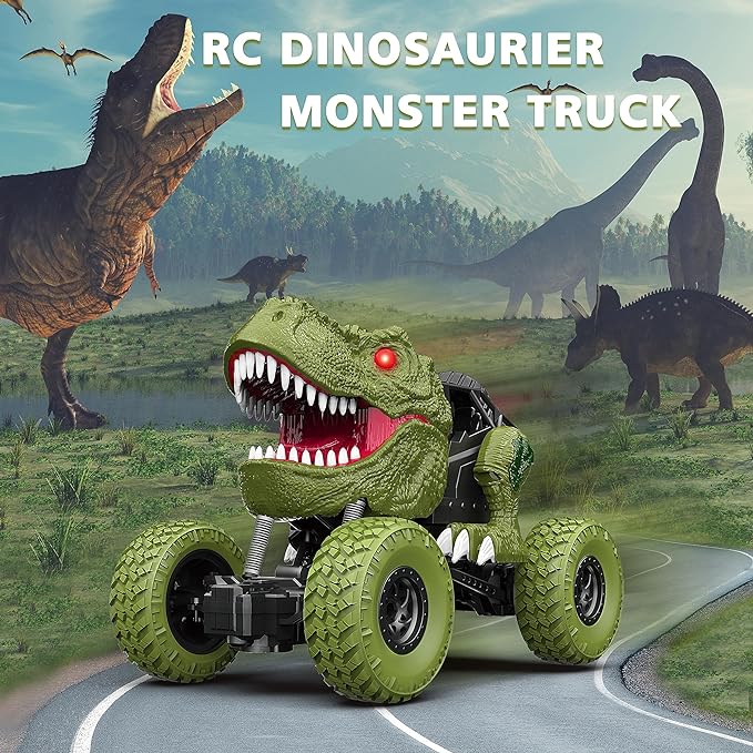 Remote Control Dinosaur Car for Kids Boys 2.4Ghz All Terrain Remote Control Dinosaur Truck with Light Rechargeable 4WD Off Road RC Car Toys for Kids 3 4 5 6 7 8-12 Year Old Boys Girls Birthday Gift