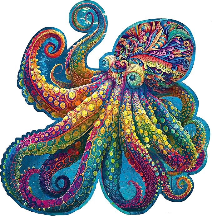 Mys Aurora Unique Wooden Jigsaw Puzzles - Agate Octopus 300 Pcs Medium Size 12.6'' x 12.2'' Luxurious Animal Shaped Wood Puzzle Beautiful Package Best Gift for Adults